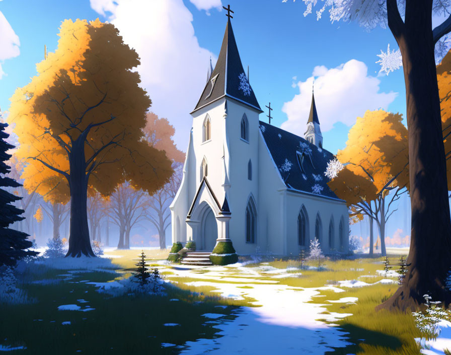 Seasonal Transition: Church in Autumn and Winter Setting