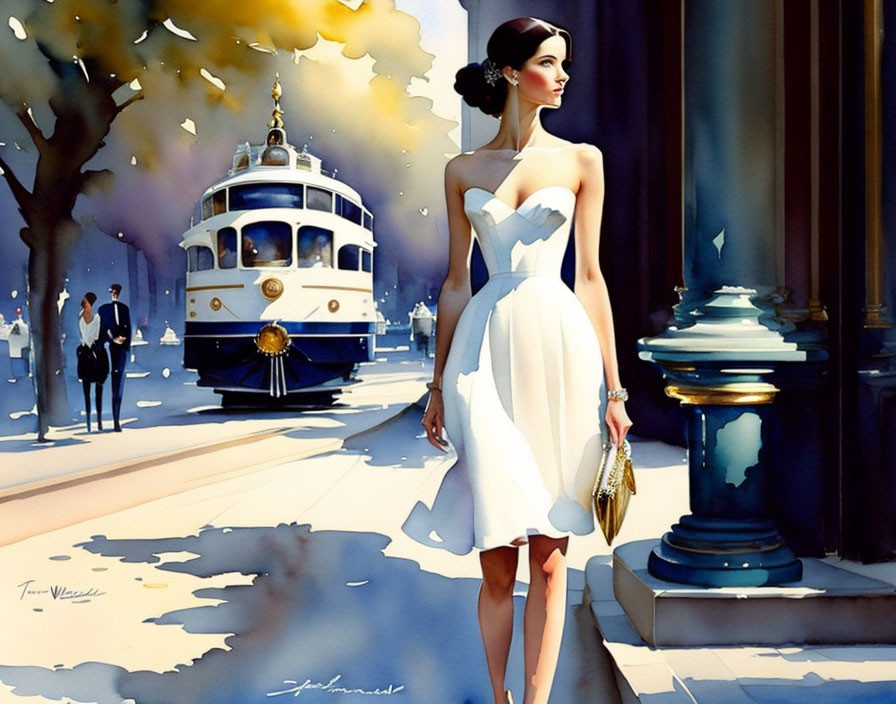 Watercolor painting of elegant lady in white dress near street lamp and vintage tram.