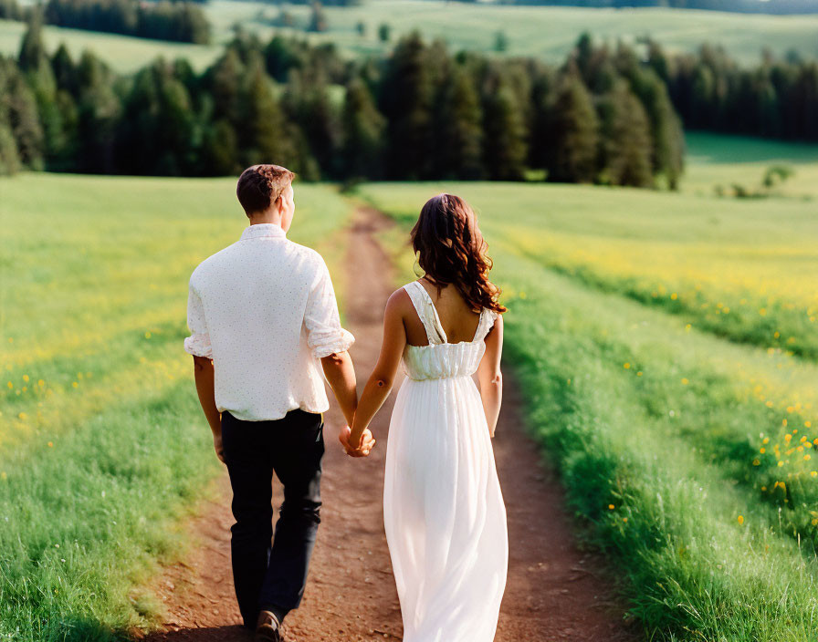 Couple walking hand in hand through scenic meadow landscape