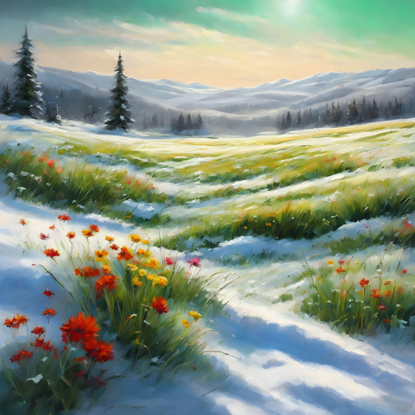 Snowy landscape transitions to spring with wildflowers and sunrise