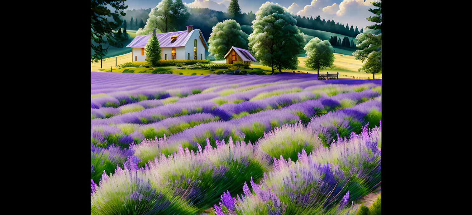 Vibrant lavender fields with white cottage and colorful sky