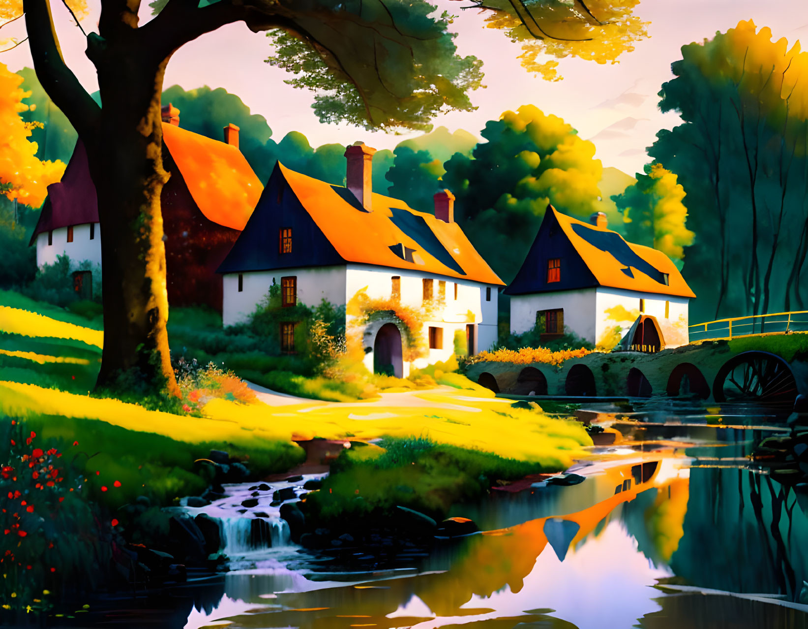 Idyllic countryside landscape with cottages, stream, bridge, and warm light