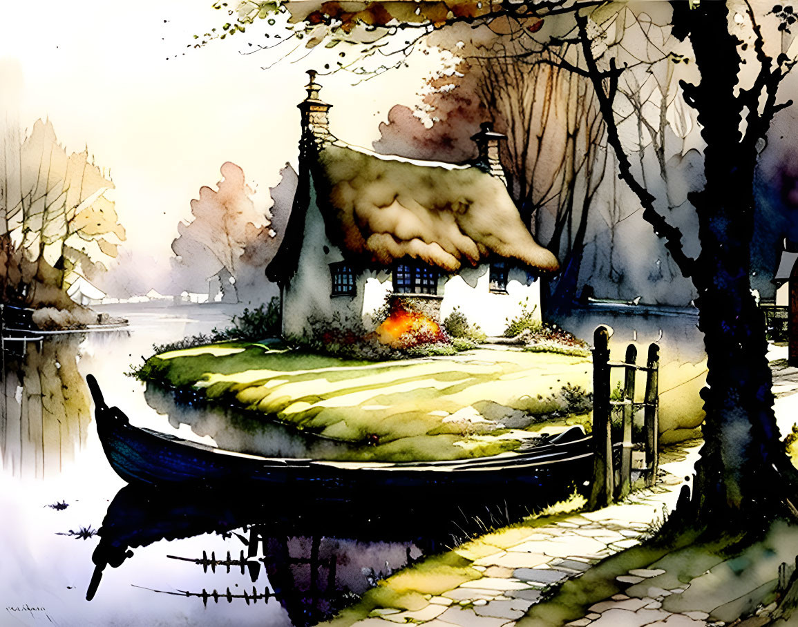 Scenic watercolor: Cottage by river with boat, trees, and warm light.