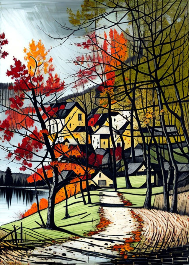 Vibrant autumnal scene with colorful trees, houses, and lake path