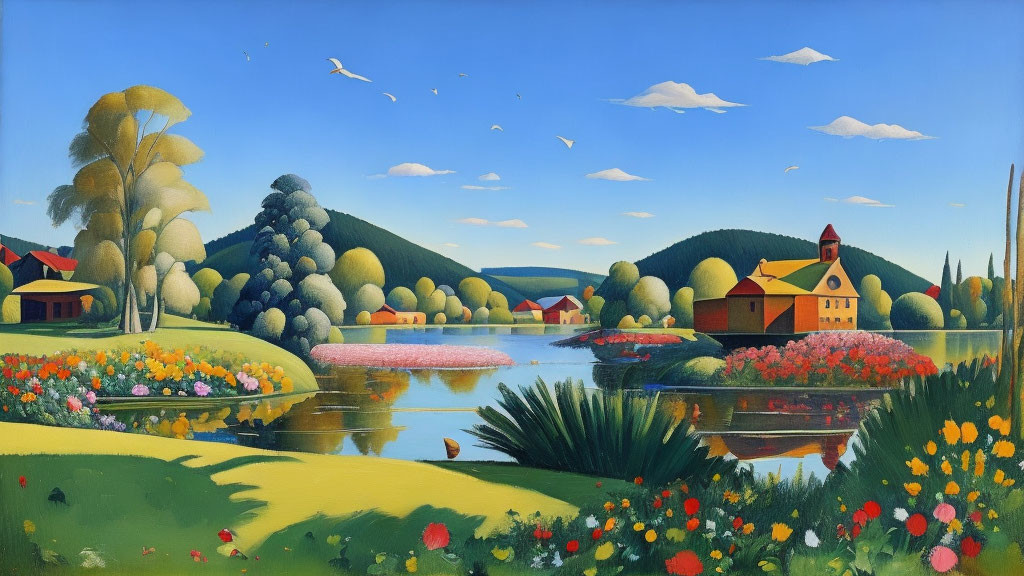 Colorful landscape painting of serene lake, flora, buildings, hills, and birds under clear blue sky