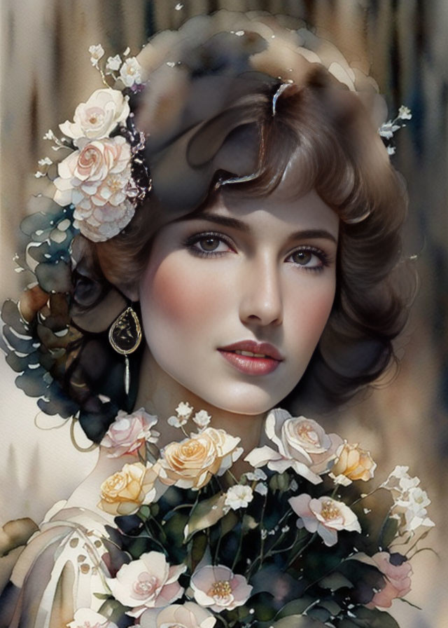 Digital painting of a woman with flower-adorned hair in soft, dreamy tones