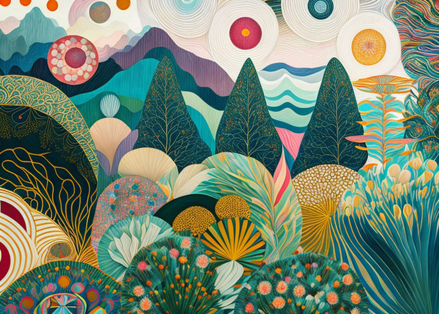 Colorful Abstract Nature Illustration with Patterned Mountains, Hills, Waves, and Flora