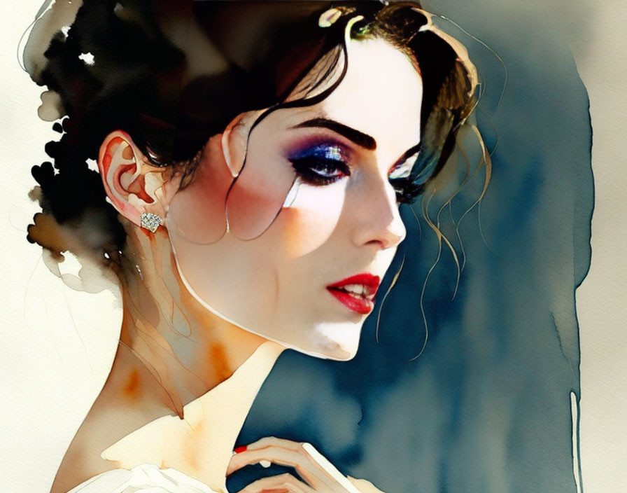 Portrait of elegant woman with dark hair in updo, blue eyeshadow, red lips, and