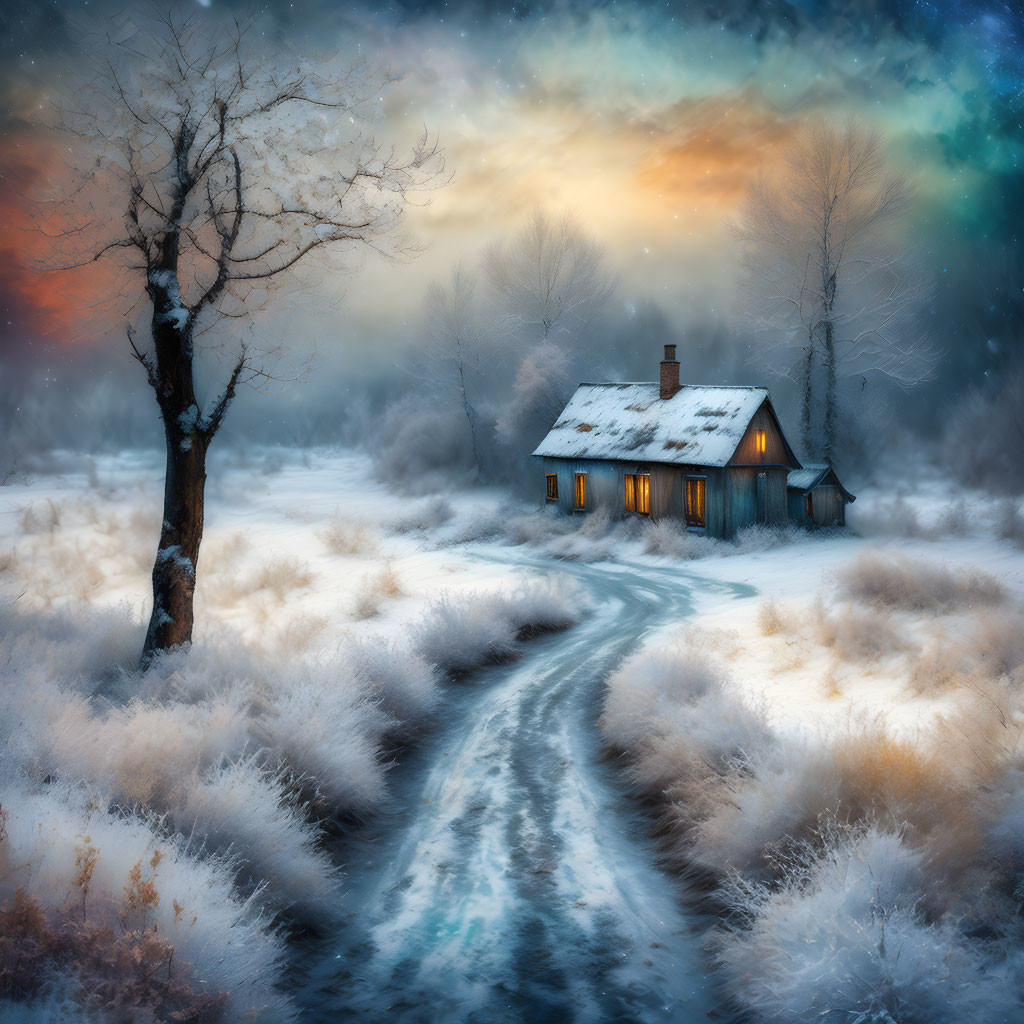 Snowy landscape with cozy cottage, lit chimney, winding path, lone tree, colorful sky at dusk