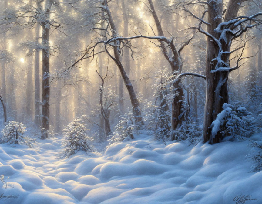 Snowy forest scene with sunlight filtering through mist and trees