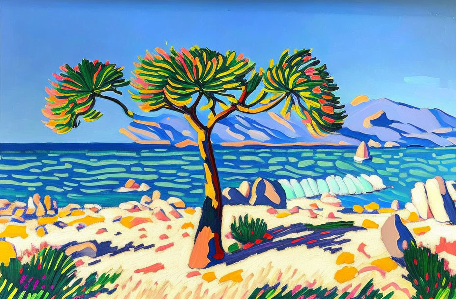 Vibrant Seaside Landscape Painting with Stylized Trees and Sailboat