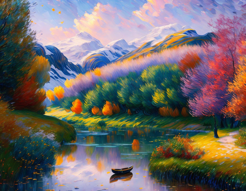 Colorful Autumn Scene: Trees, Lake, Boat, Snowy Mountains