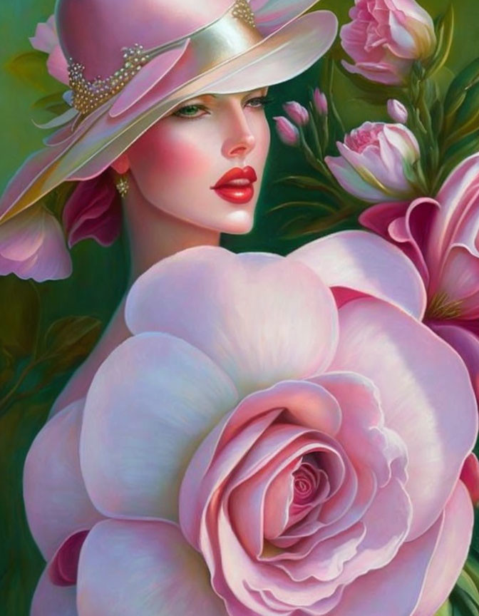 Stylized painting of woman with red lips in pink hat among pink roses