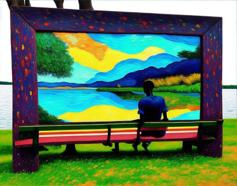 Person sitting on colorful bench admiring vibrant landscape painting