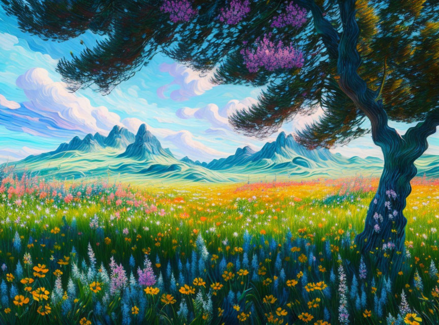 Colorful Landscape Painting: Blooming Meadow, Tree, Mountain Range, Cloudy Sky