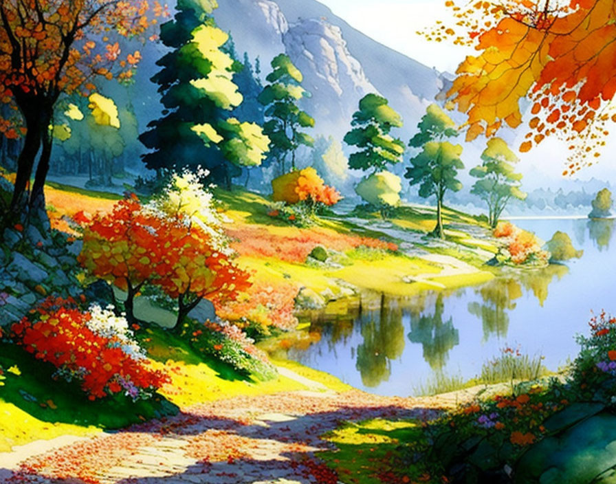 Colorful Autumn Landscape with Lake, Mountains, and Path