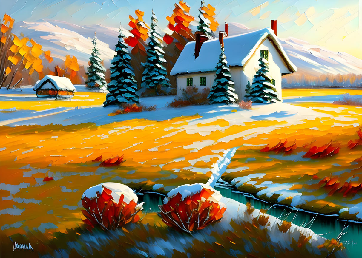 Colorful painting of cozy cottage in snowy landscape with autumn trees.