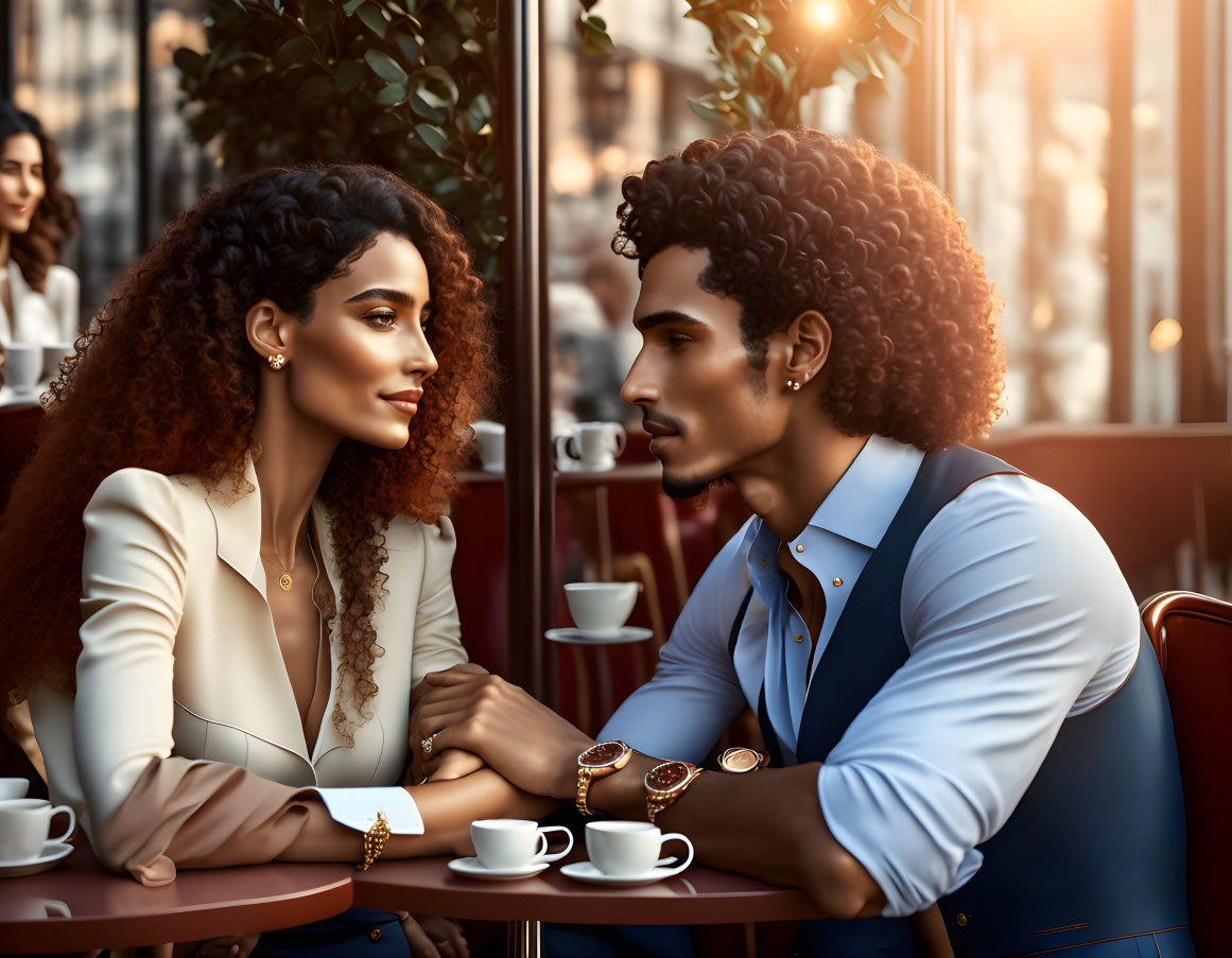 Curly-haired individuals talking in a cafe with sunlight filtering through windows