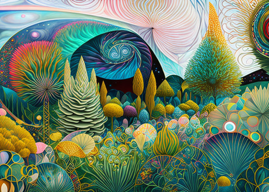 Vibrant surreal landscape with swirling patterns and diverse plant-like shapes