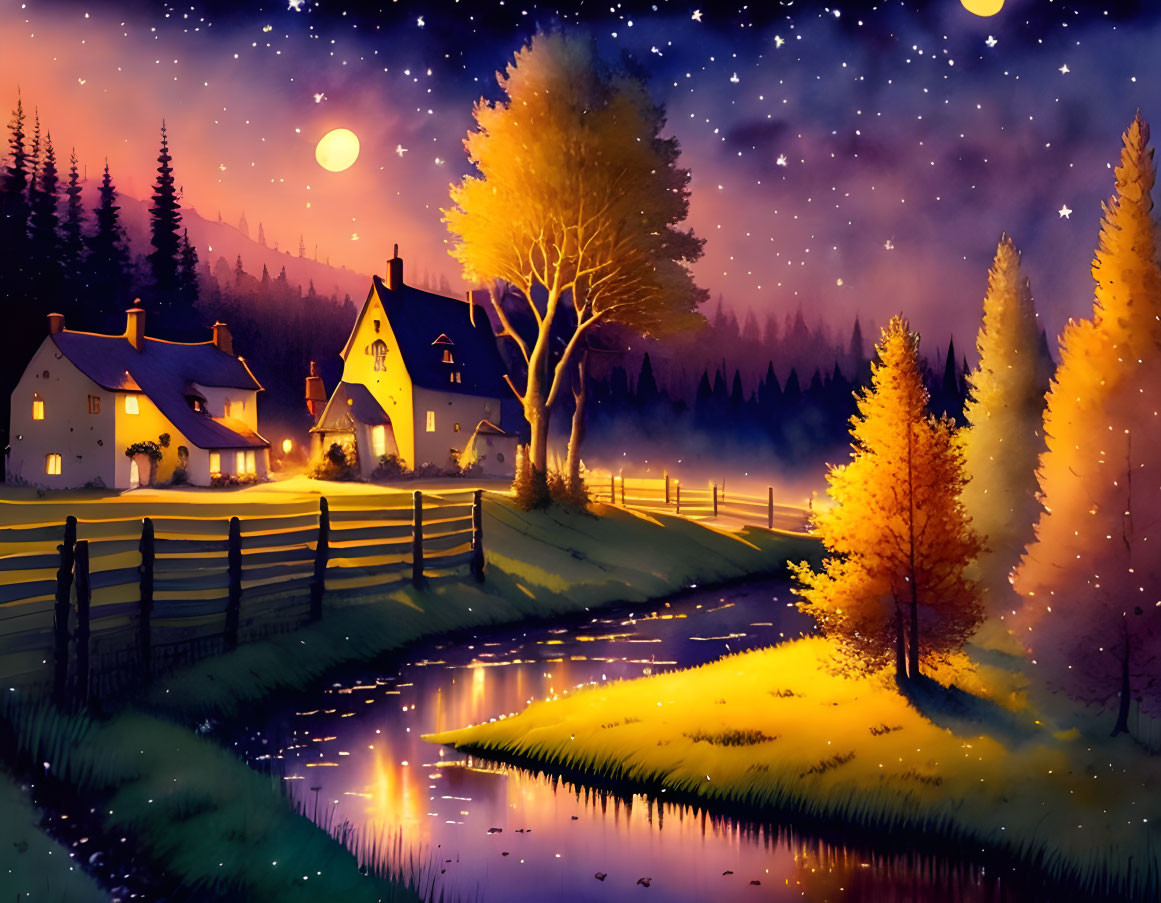 Tranquil Autumn Night: Cozy cottages, starry sky, and moonlit stream