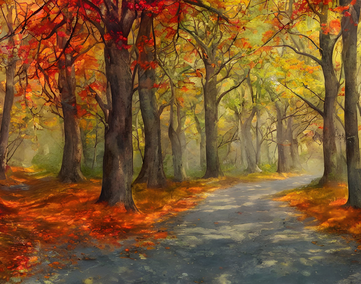 Vibrant autumn forest with winding path and colorful foliage