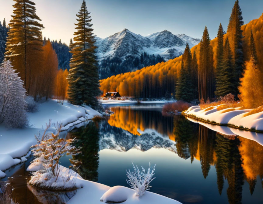 Tranquil winter landscape with snowy trees, lake, mountains, and cabin