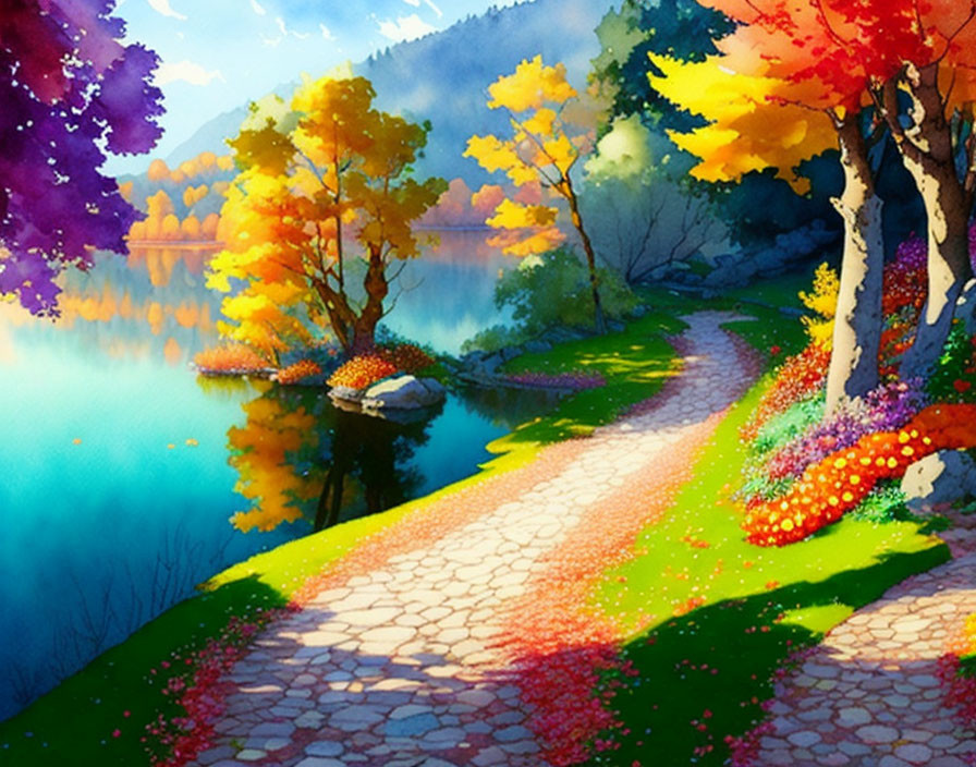 Serene lake with autumn trees and flowers in digital art