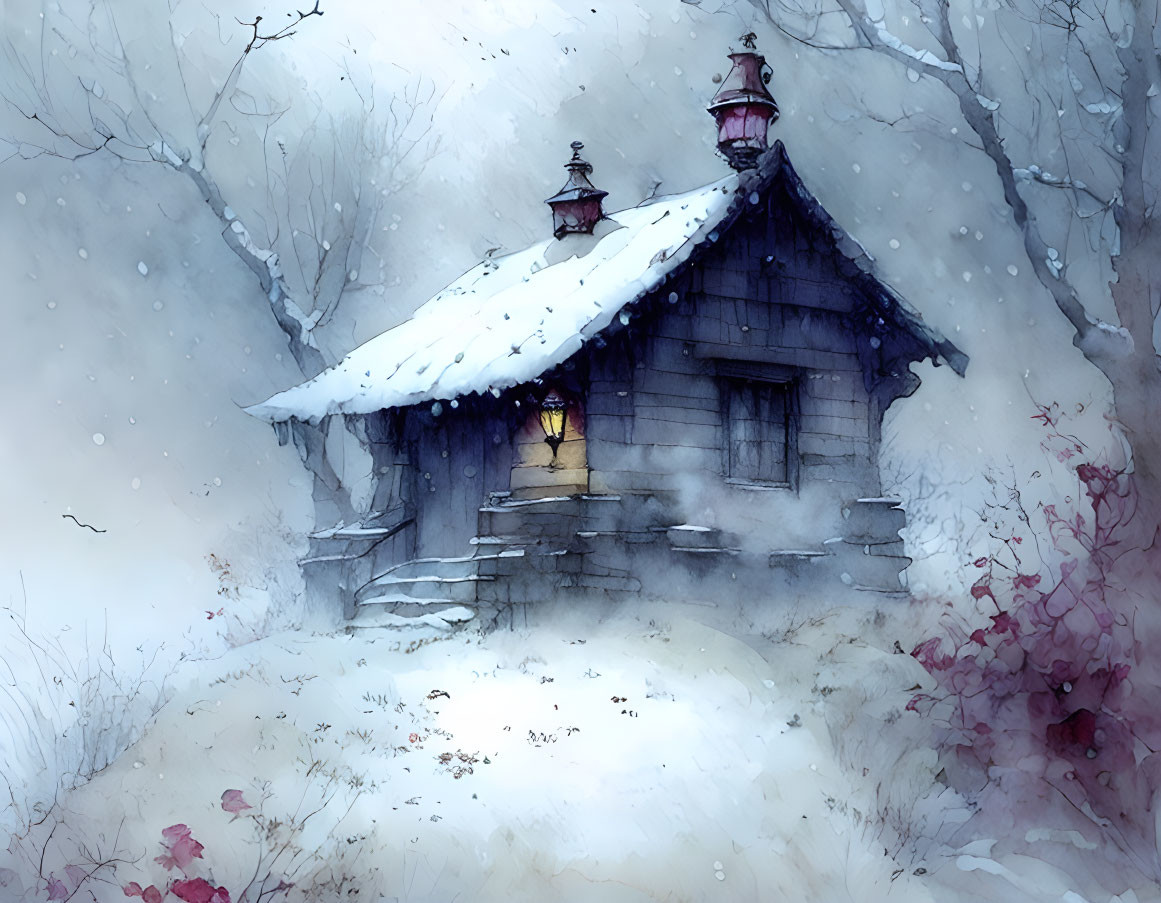 Snow-covered wooden cabin with warm light and red flowers.