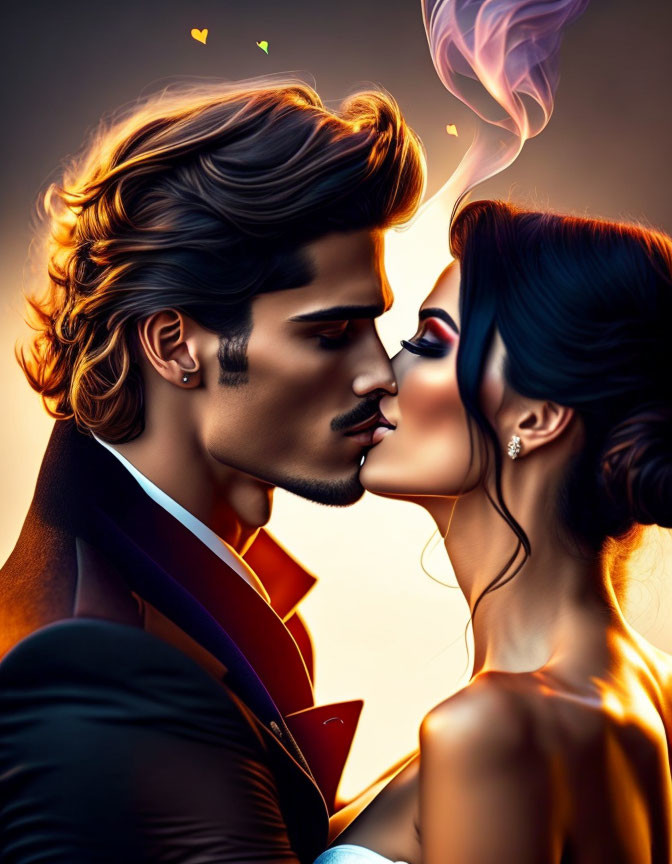 Vibrant digital illustration of romantic couple kissing