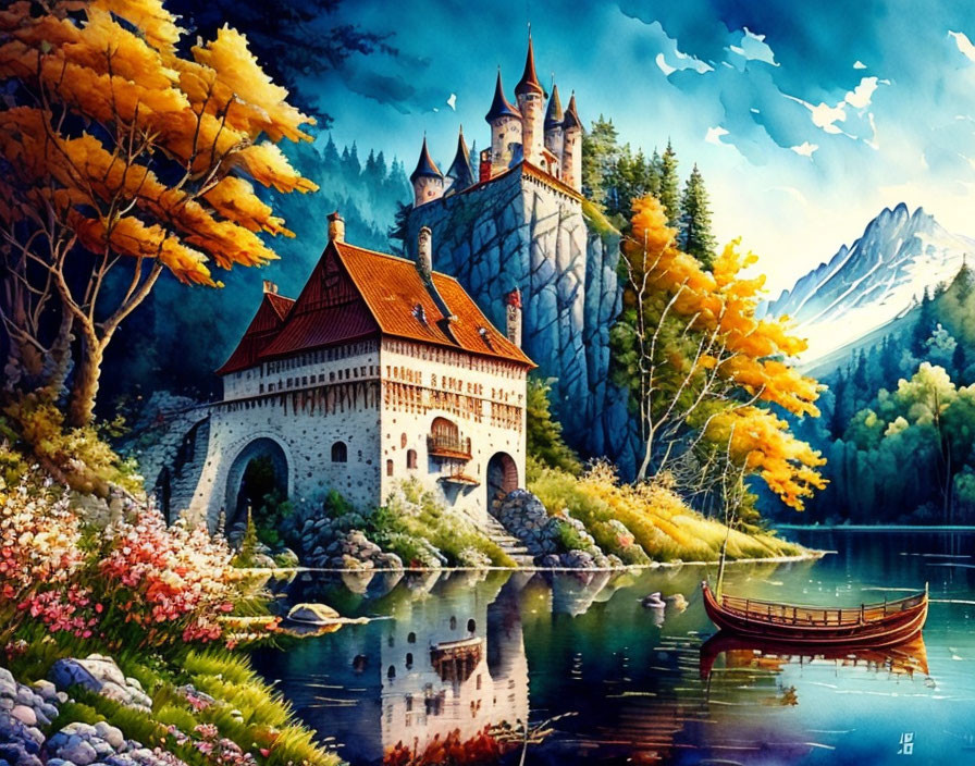 Scenic castle illustration by lake with autumn trees