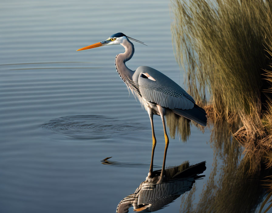 Great Blue Heron Standing by Water with Reflection and Reeds