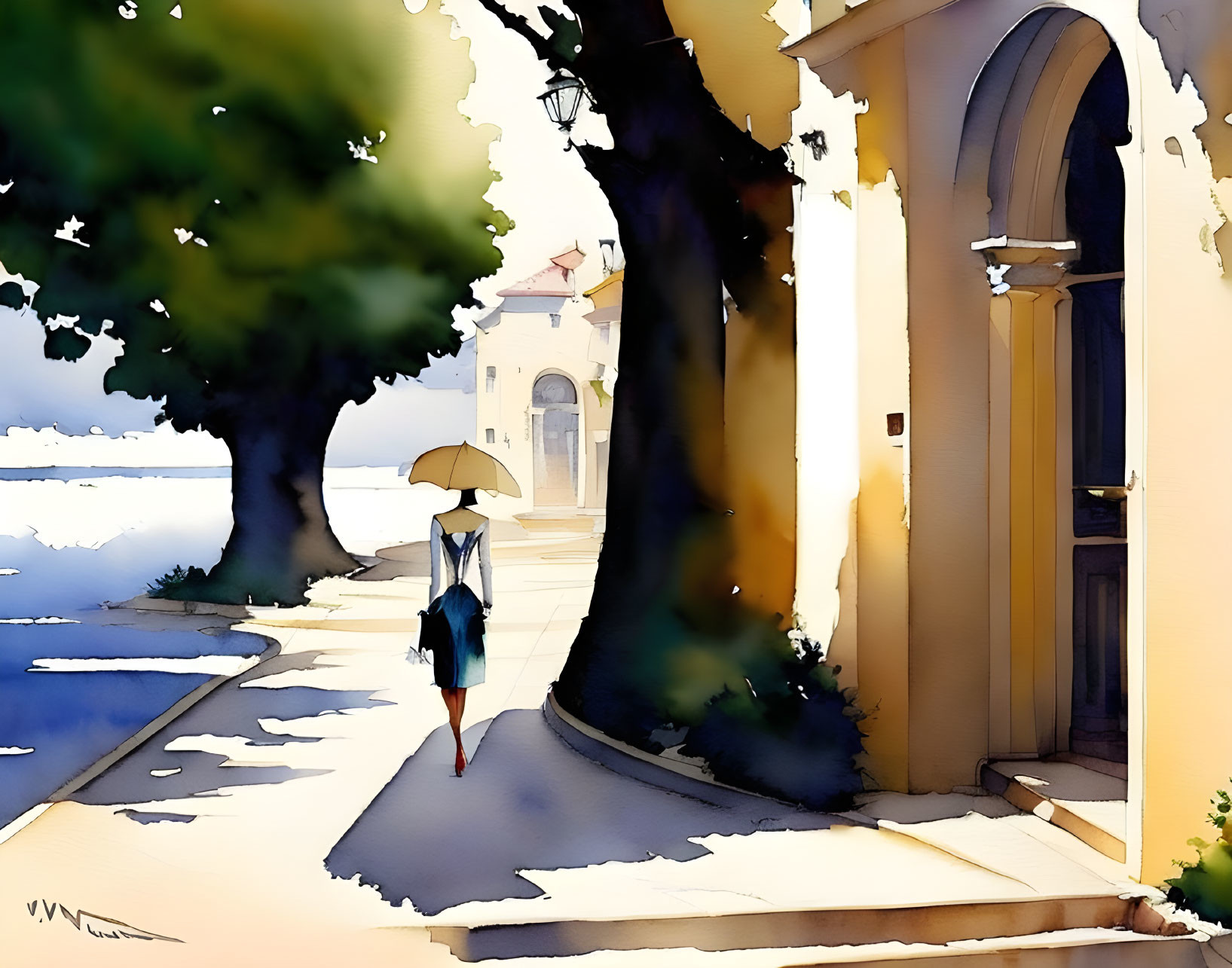 Person with umbrella walking towards sunlit building by the sea