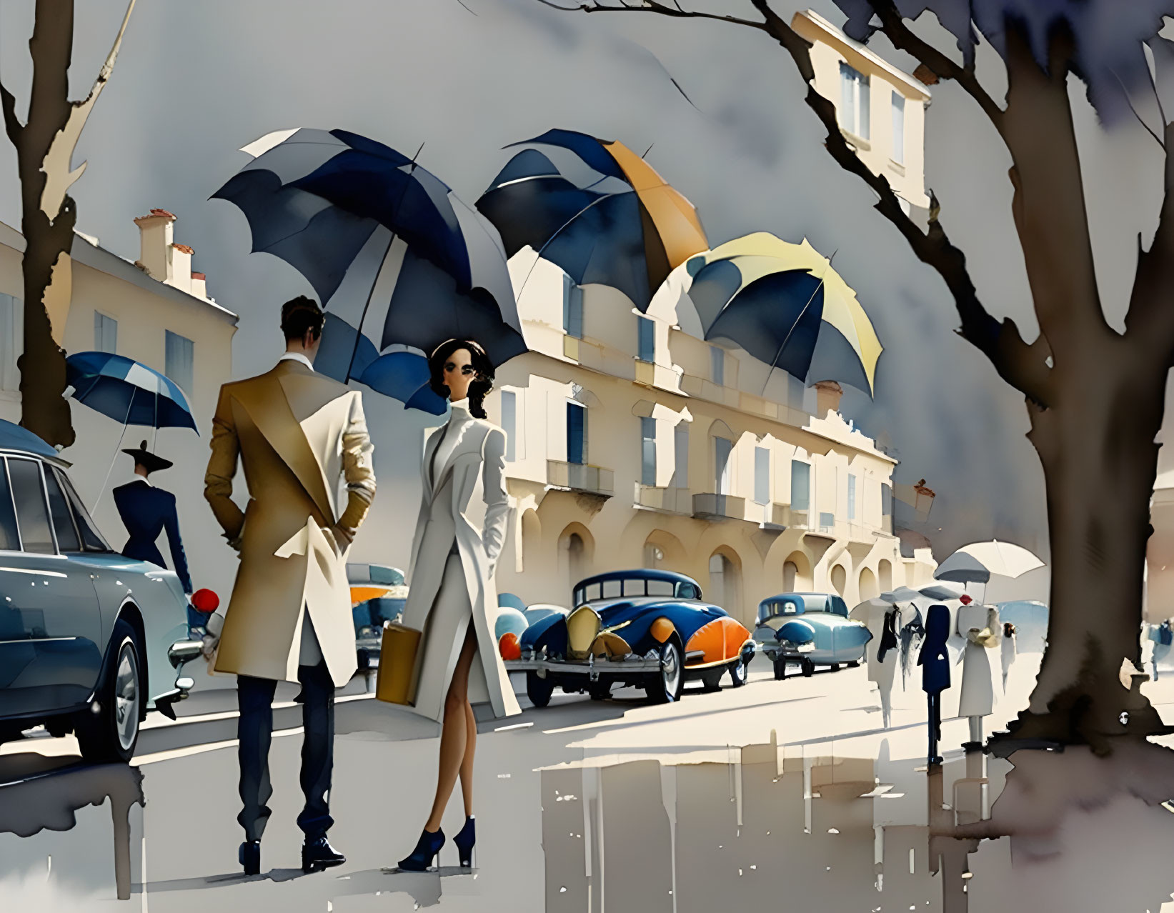 Stylish couple with umbrellas on wet street with vintage cars and cloudy sky