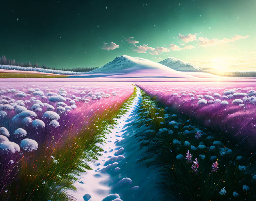 Pink and White Flora Path in Tranquil Twilight Landscape