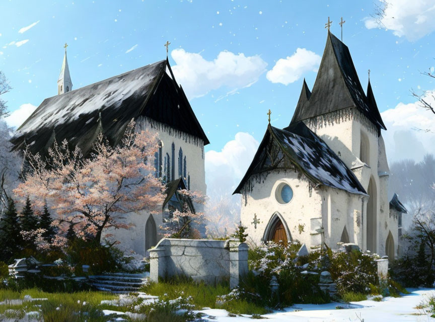 Snow-covered medieval churches in serene spring landscape