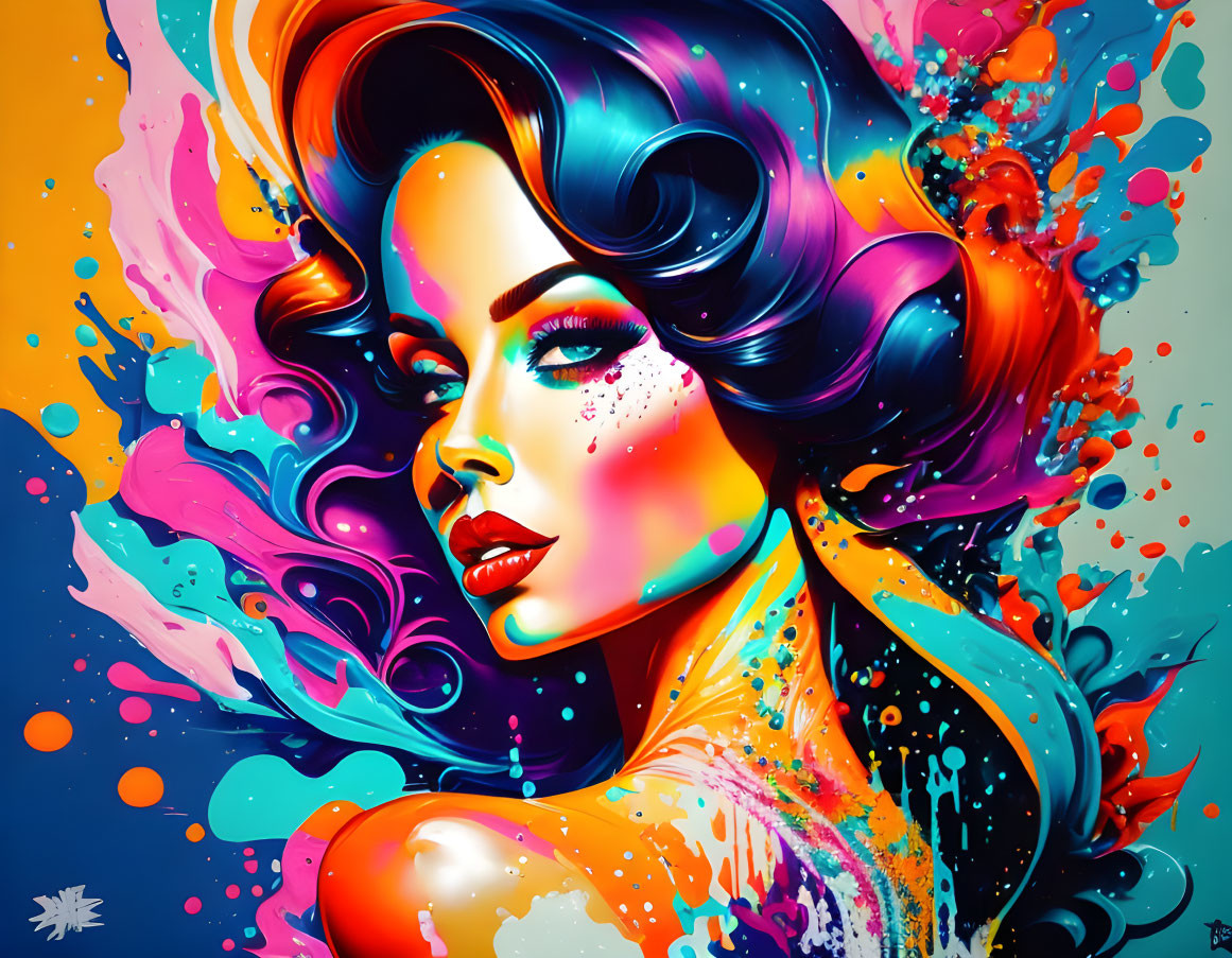 Vibrant portrait of a woman with colorful paint splashes and flowing blue hair