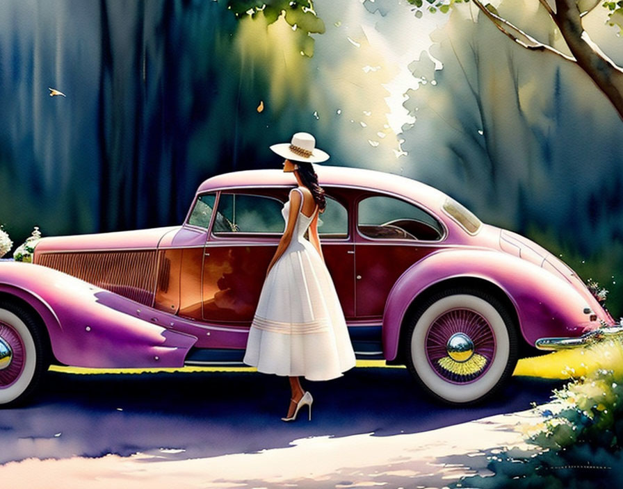 Woman in white dress and hat next to vintage purple car in woodland scene