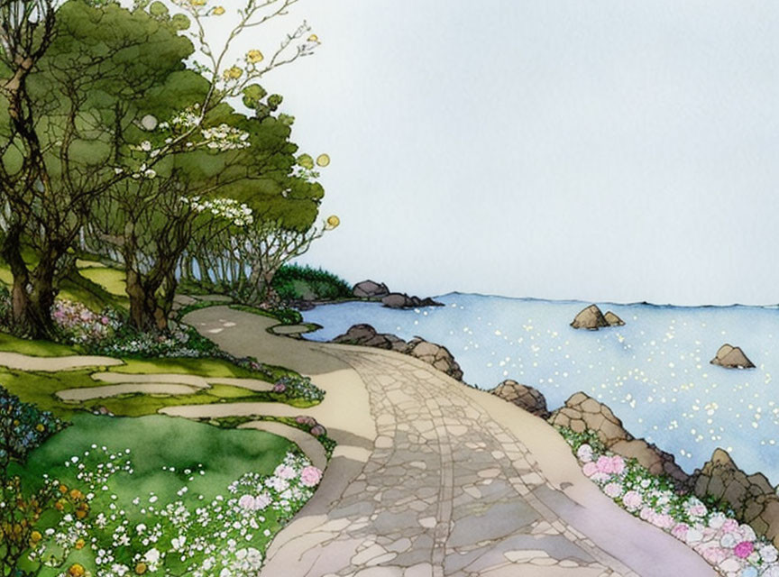 Tranquil watercolor illustration of a coastal path with lush trees