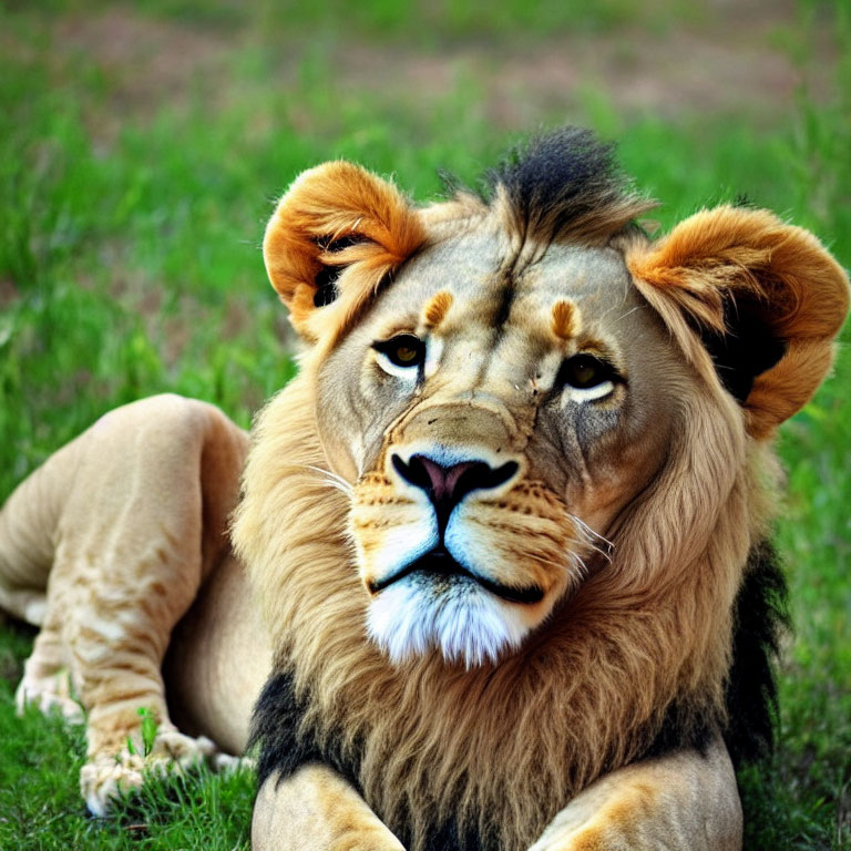 Resting lion with tan fur and distinct mane against lush green background