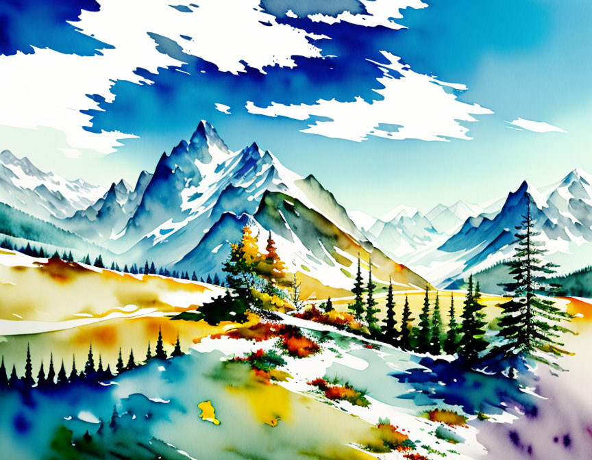 Serene mountain landscape in vibrant watercolor