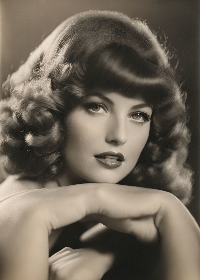 Classic Black-and-White Portrait of Woman with Curly Hair and Striking Makeup