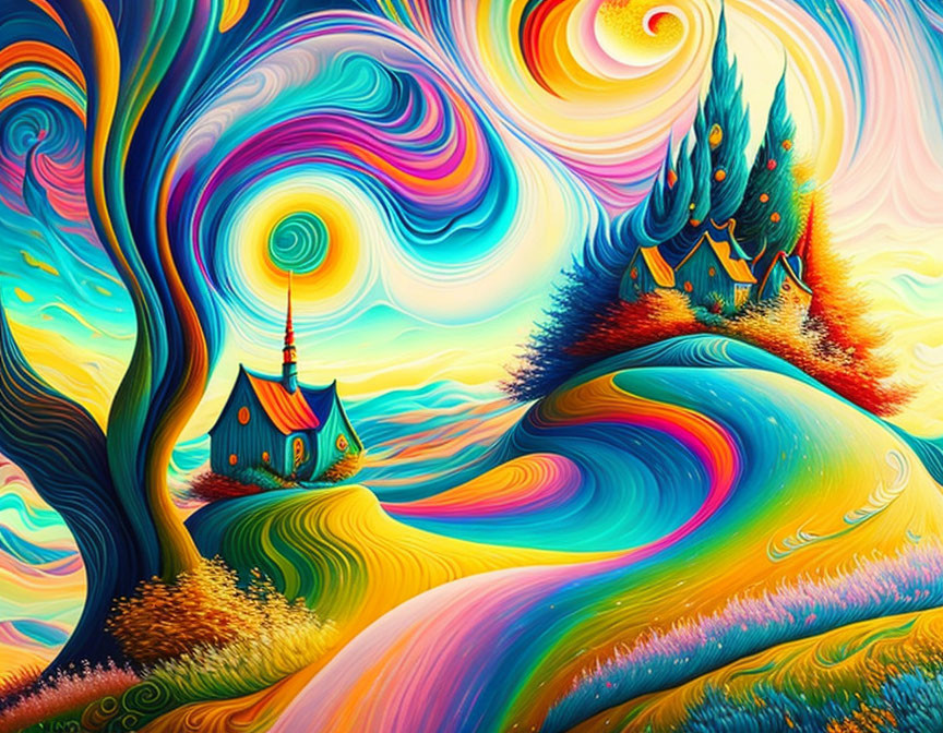 Colorful Psychedelic Landscape with Swirling Patterns and Whimsical Elements