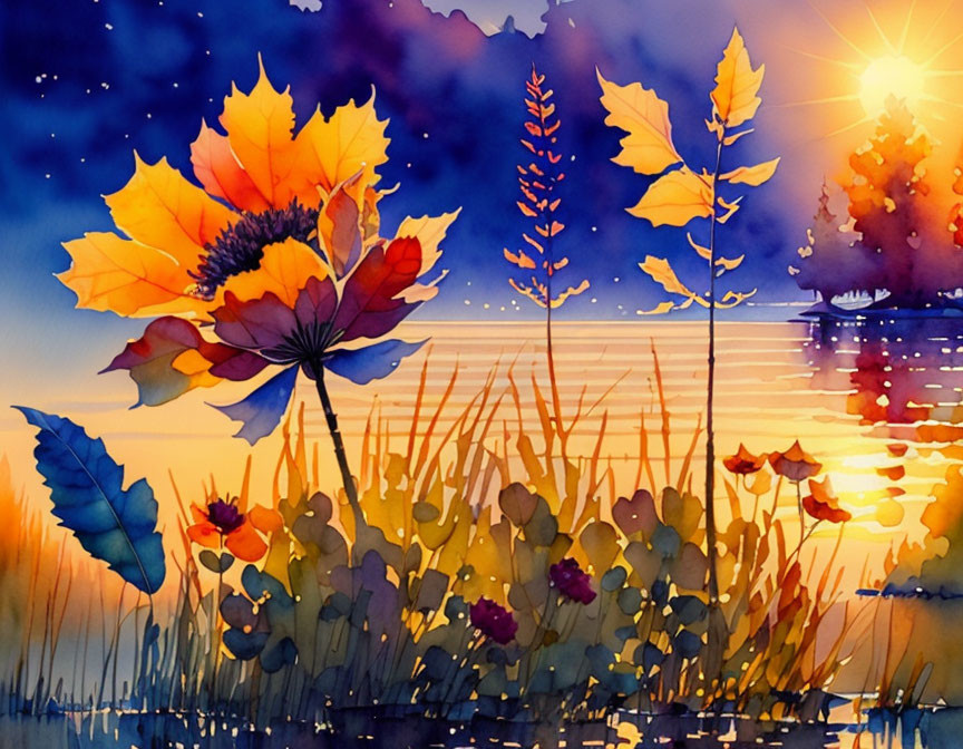 Autumn leaves, lakeside reeds, and sunset in watercolor.