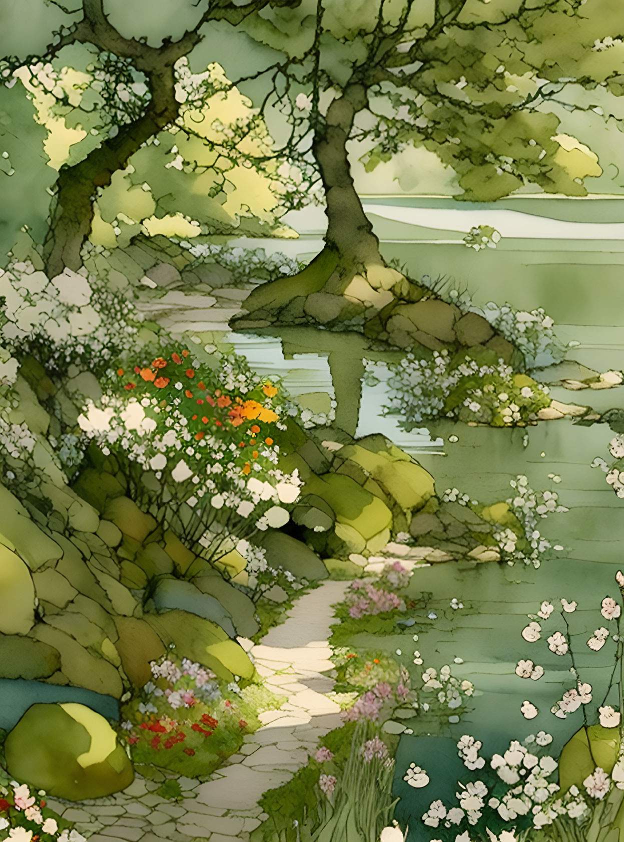 Tranquil riverside scene with blossoming trees in watercolor