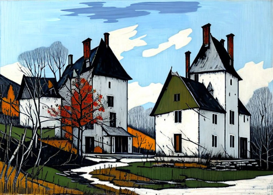 Stylized painting of white houses, barren trees, and winding path under blue sky