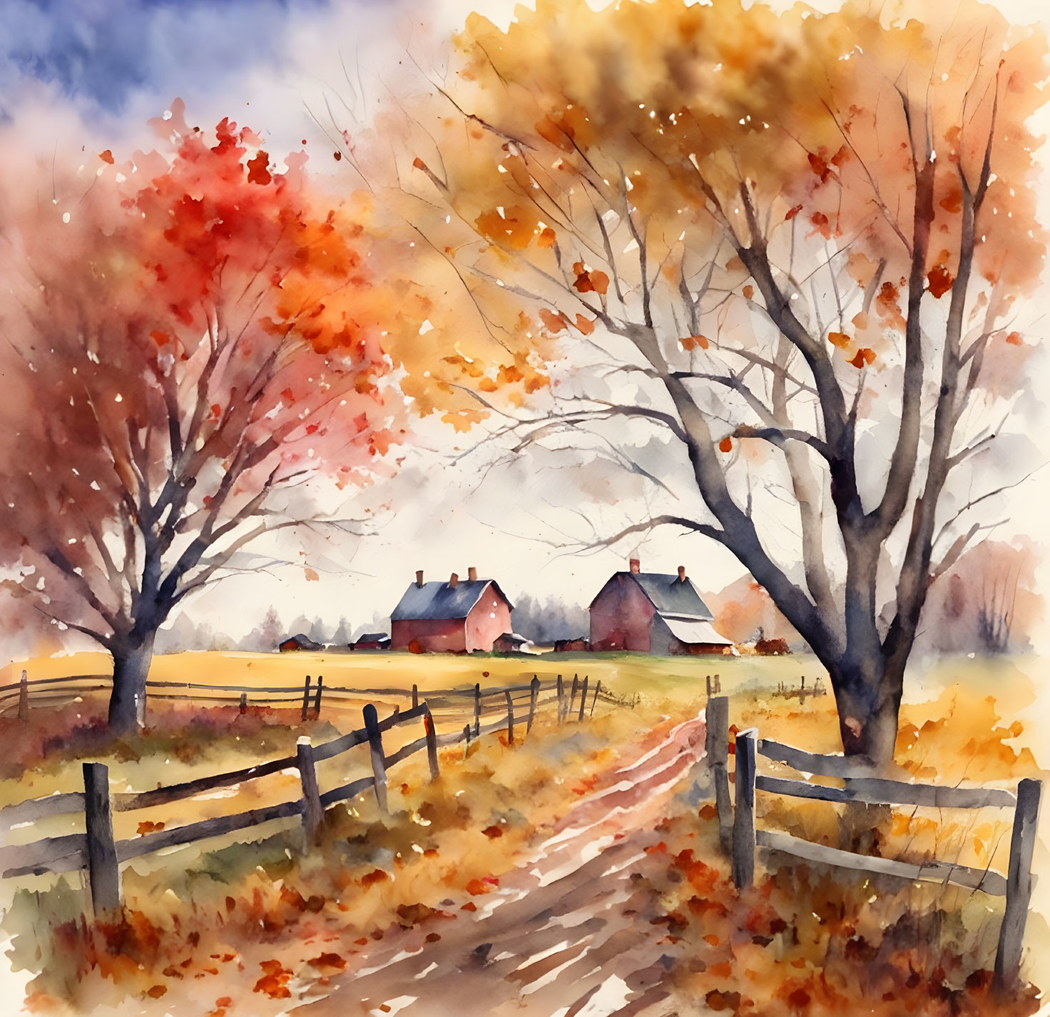 Autumn Watercolor Scene: Red and Orange Trees, Winding Path, Quaint Houses