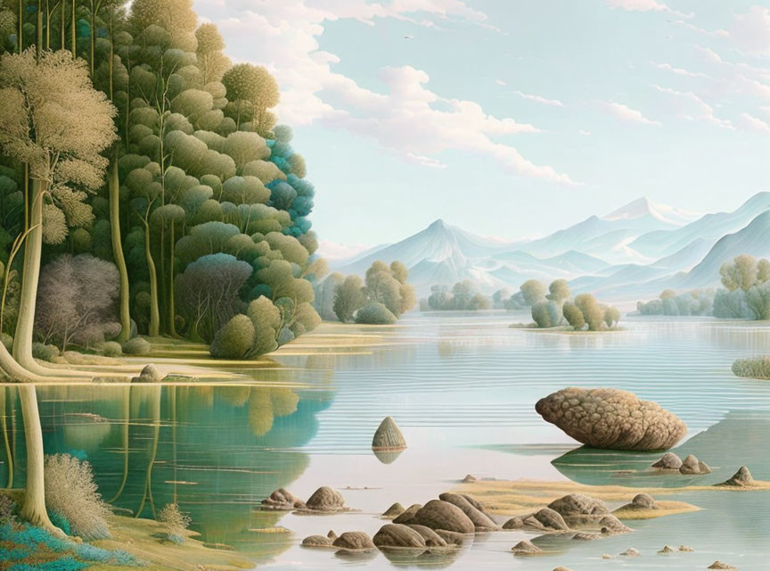 Tranquil landscape with lake, greenery, trees, rocks, island, mountains.