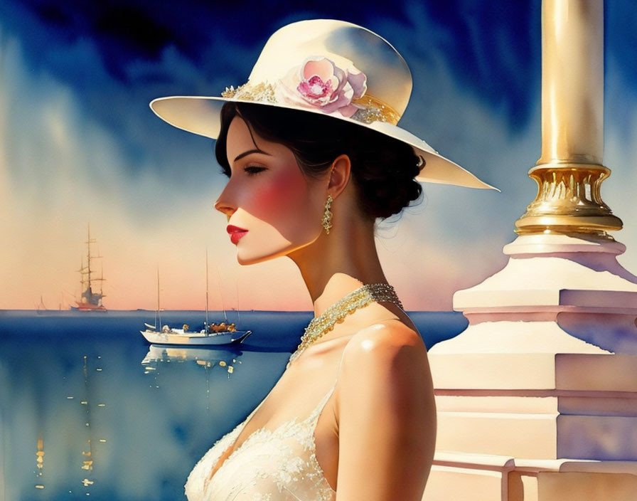 Sophisticated woman in wide-brimmed hat admires serene seascape at sunset