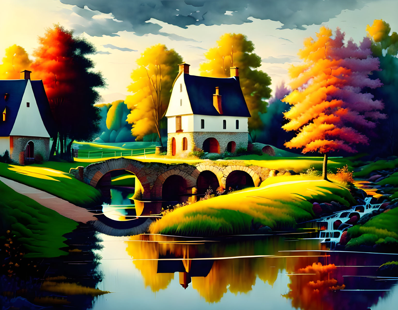 Digital painting: Countryside scene with white house, stream, stone bridge, waterfall, and autumn trees