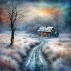 Snowy landscape with cozy cottage, lit chimney, winding path, lone tree, colorful sky at dusk